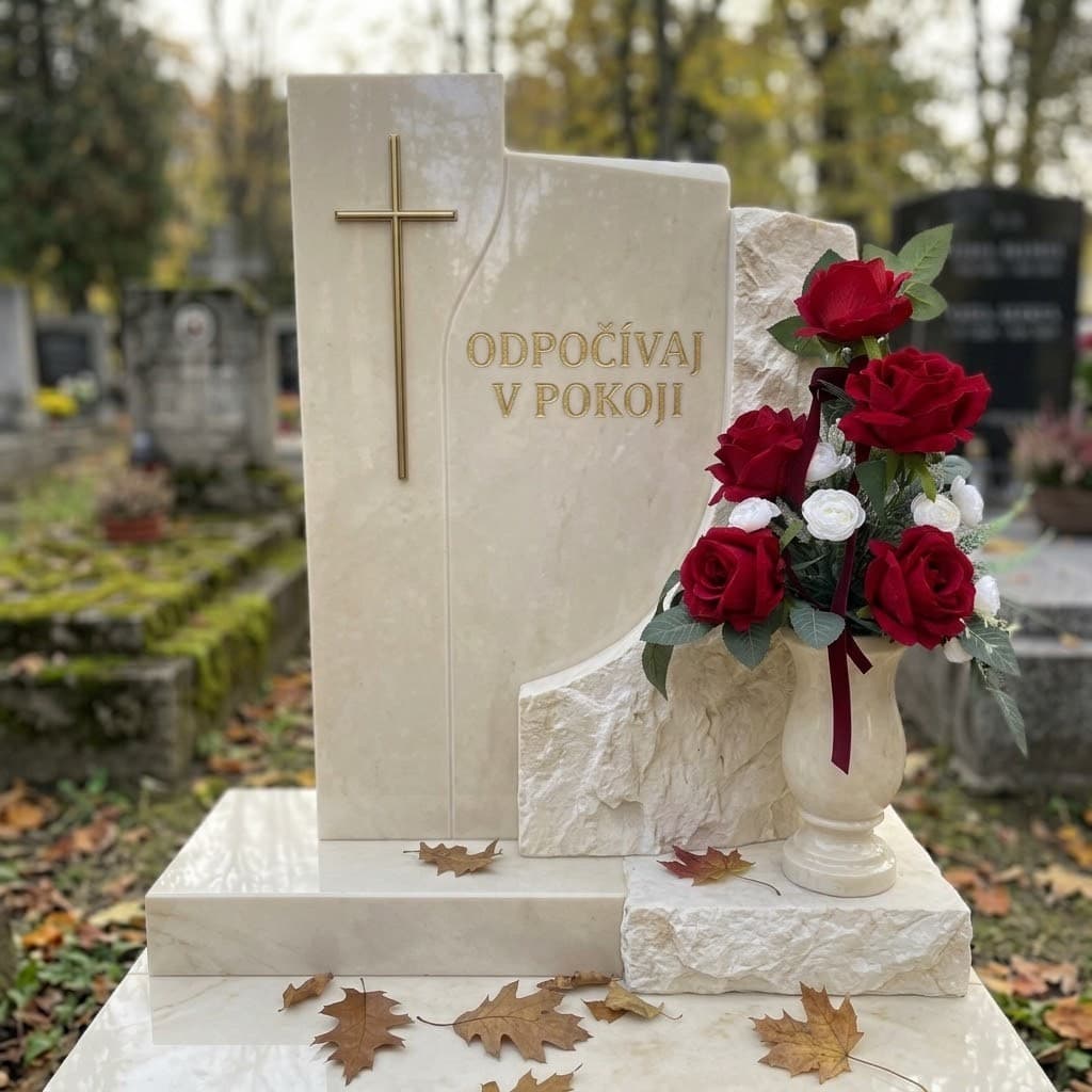 Kytica ku pomníku s červenými a bielymi ružami