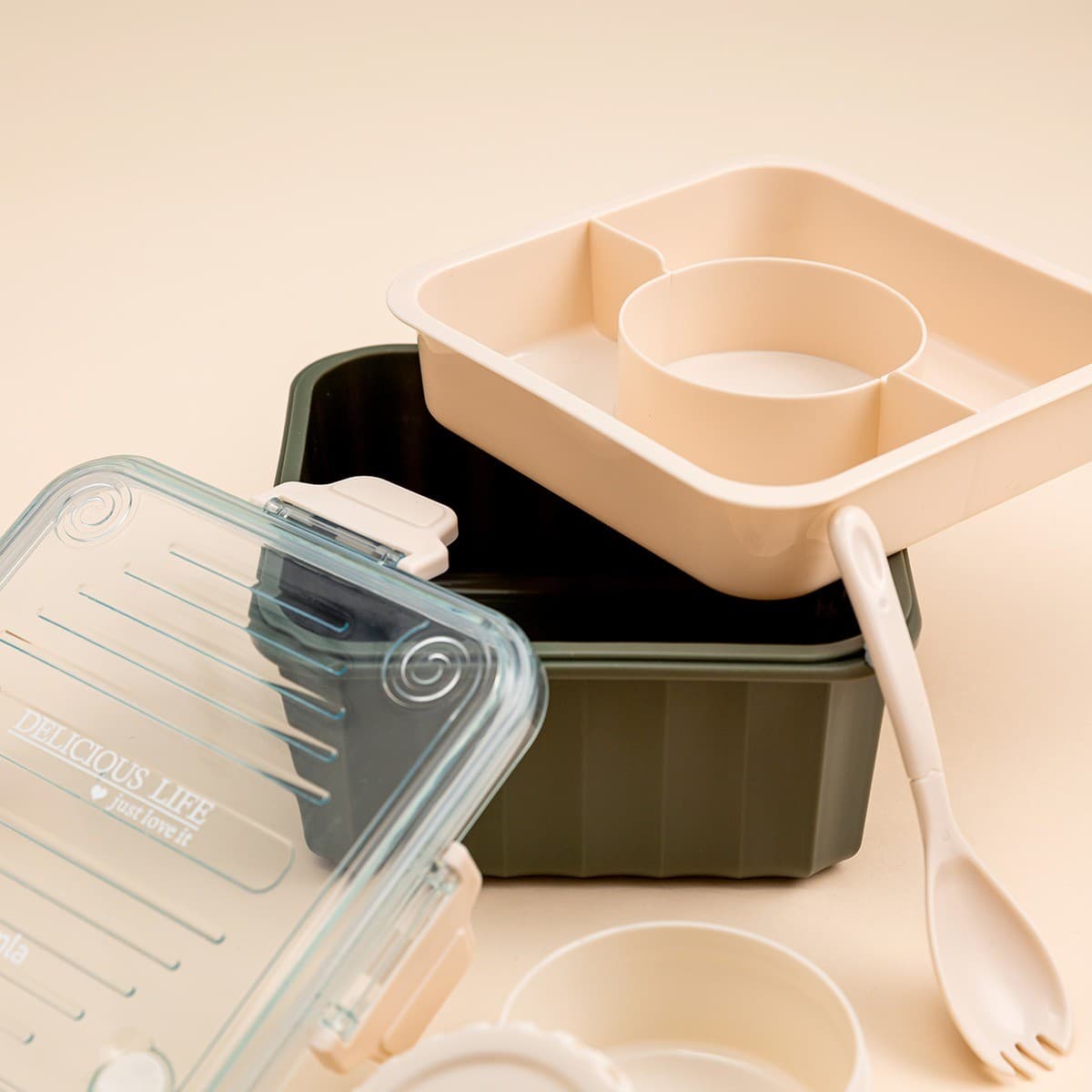 Desiatový box POPPIE khaki s lyžičkou 2,15 l